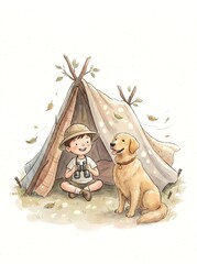Boy camping with his golden retriever beside a teepee tent in autumn © echo