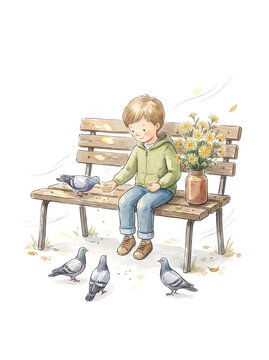 Boy sharing his bench with pigeons and a vase of autumn flowers