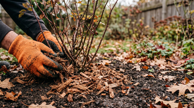 Hands in gardening gloves spreading dry bark mulch around bush in autumn garden bed