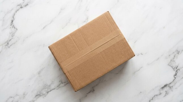A closed cardboard shipping box resting on a clean white marble background from top view