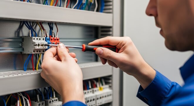 Man electrician fixing a short circuit in electrical panel with screwdriver and colorful wires.