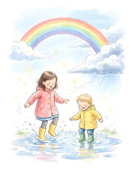 Two children in rain boots playing in a puddle under a big rainbow