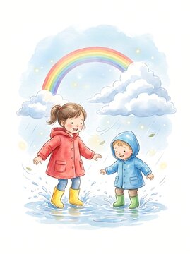 Siblings in red and blue raincoats jumping in puddles under a rainbow