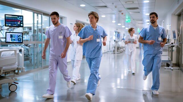 Medical professionals in scrubs running down a brightly lit hospital corridor during an emergency response