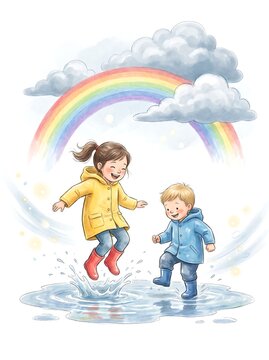 Boy and girl in yellow and blue splashing under clouds and a rainbow