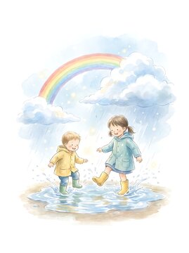 Two little friends under a rainbow after the rain has passed
