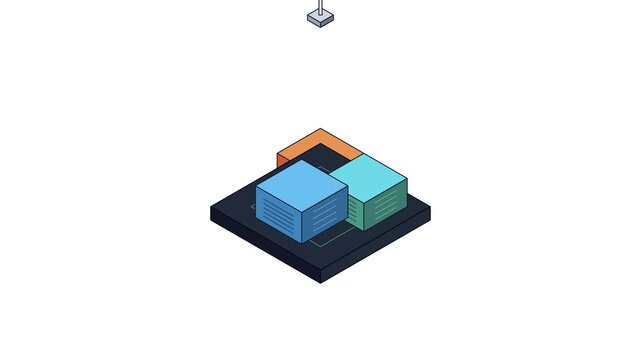 Isometric animation of colorful blocks assembling onto a dark base