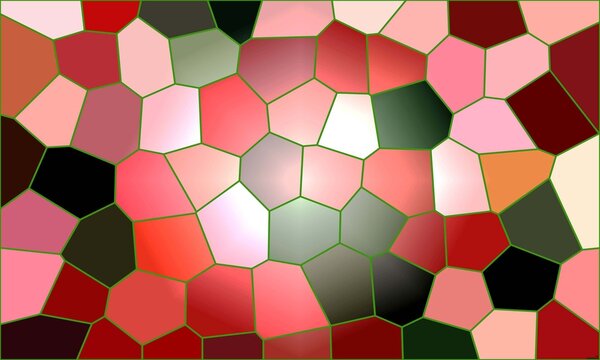 Contemporary red and dark green mosaic pattern with various geometric shapes and bright glowing central light effect