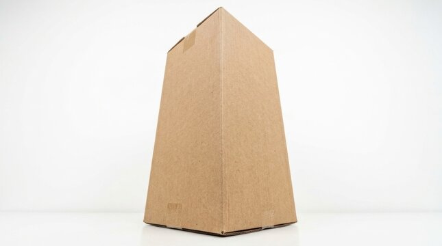 Large Brown Cardboard Shipping Box Standing Upright on a Plain White Background for Storage and Logistics