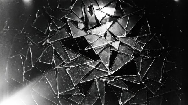 Shattered glass shards in dark monochrome, broken mirror pieces with sharp edges and reflective surfaces. Abstract cracked glass texture for dramatic backgrounds and cinematic visual effects.