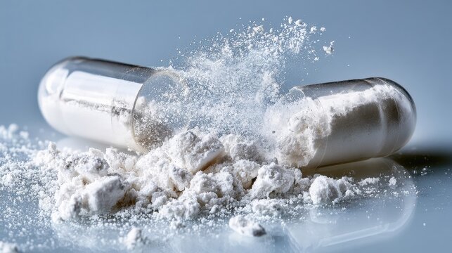 Open pharmaceutical capsule spilling white powder medicine across a pale reflective surface in extreme macro detail