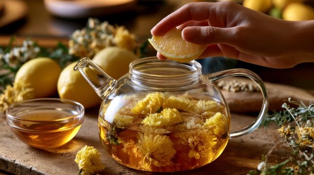 A hand squeezing fresh lemon into a glass teapot of herbal tea with flowers and lemons in the background