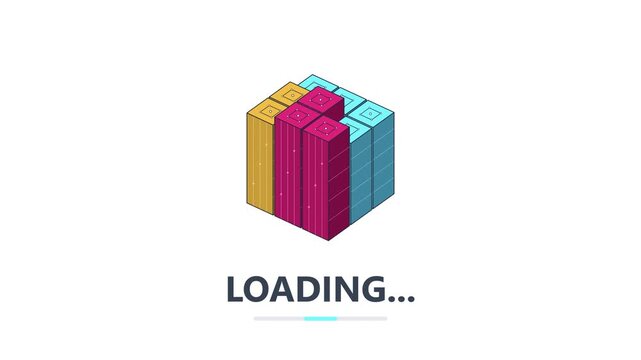 Isometric bar chart loading animation with colorful data blocks