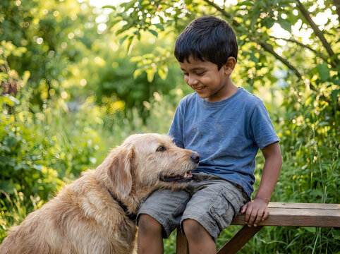 A happy young boy sitting with his golden retriever dog outdoors in a sunlit garden, illustrating childhood joy and companionship.
