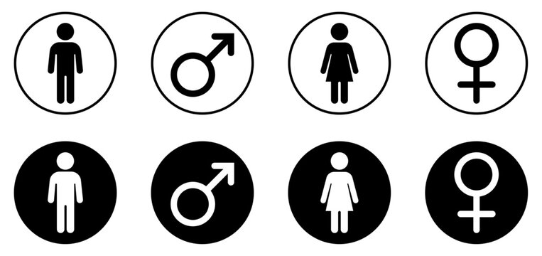 Male and female gender symbols icon set for restrooms, apps, websites, signage and public facilities.