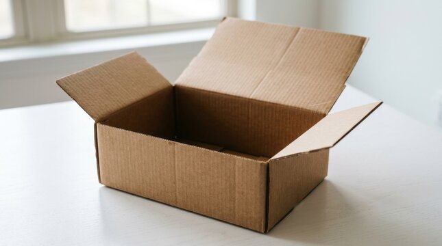 An open empty cardboard shipping box sitting on a white table indoors, ready for packing or delivery