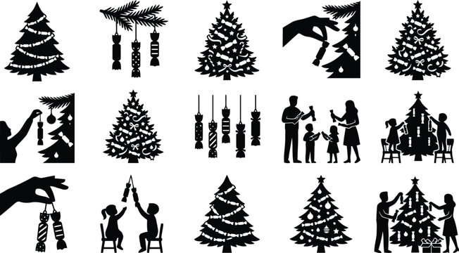 Collection of black silhouette showing people decorating christmas trees with crackers and festive holiday ornaments