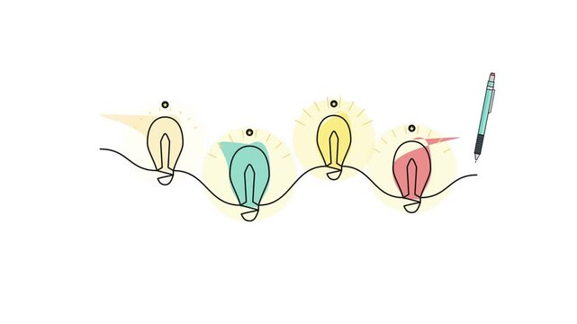 Mechanical pencil drawing colorful light bulb ideas on white background