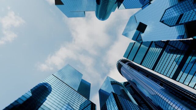 Up view in financial district city and Jet flying in a blue sky.urban skyscarpers