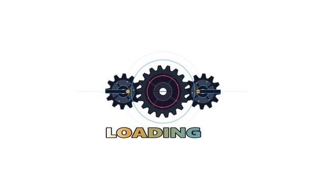 Loading progress indicator with spinning mechanical gear system animation