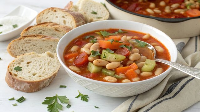 Savory Greek fasolada bean soup served with fresh bread and herbs in a cozy kitchen setting