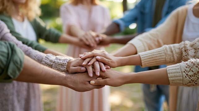 Diverse group of friends in a circle with hands clasped in a gesture of unity and support during daytime outdoor gathering