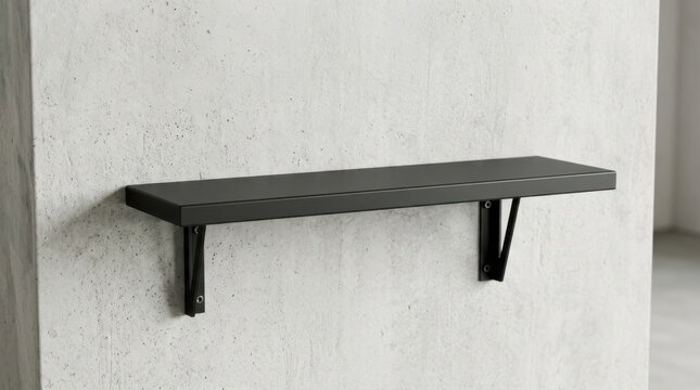 Minimalist Black Metal Wall Shelf Mounted on Textured Concrete Surface for Modern Home Interior Decoration and Stylish Storage Solution Concept Design