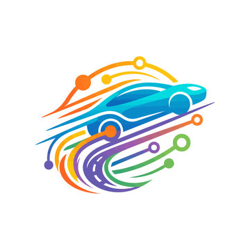 Abstract futuristic electric car logo with colorful digital tech circuit elements and motion lines