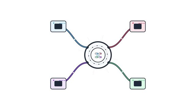 Network Hub Concept Connecting Multiple Data Nodes via Digital Lines