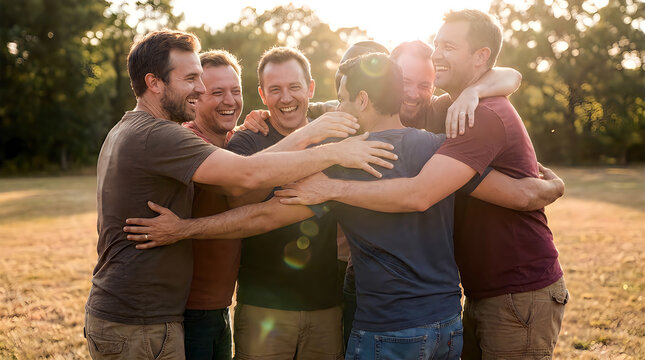 Group of diverse male friends sharing warm embrace in sunny autumn park outdoors.