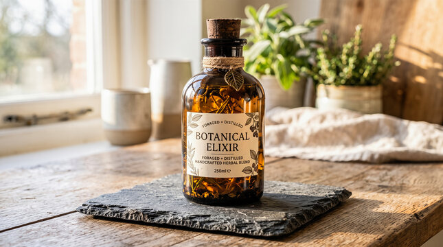 Amber glass bottle sealed with cork bearing botanical elixir paper label resting upon rough square slate plate atop wooden table