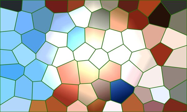 Dynamic geometric mosaic with cool blue and warm orange tiles radiating from a brilliant central white light source