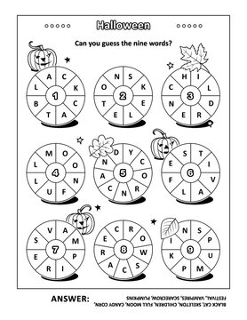 Halloween word puzzle (English language) with themed words  written around: Can you guess the nine words? Black and white. Answer included.
