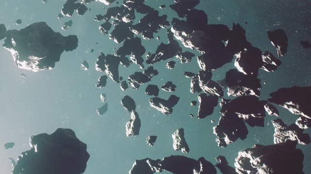A collection of asteroids drifts in the emptiness of space. The rocks are unevenly spaced and vary in size. Bright stars can be seen in the background, adding depth to the scene.