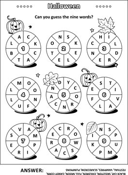 Halloween word puzzle (English language) with themed words  written around: Can you guess the nine words? Black and white. Answer included.
