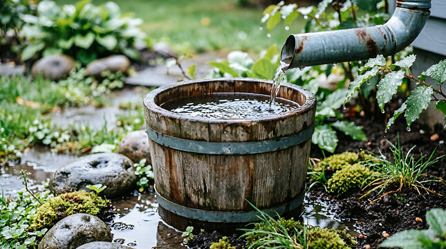 Old Wooden Barrel and Water Pump Beside a Rustic Water Well with Bucket in a Peaceful Garden and Natural Outdoor Setting