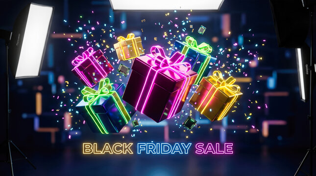Black Friday sale text surrounded by glowing neon gift boxes floating computer chips and bright confetti against dark studio lighting background showcasing electronic discounts