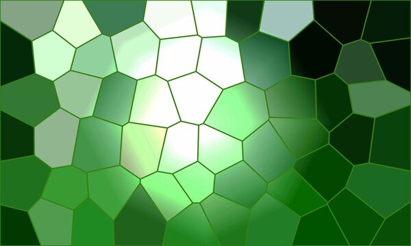 Fresh green and white abstract mosaic pattern with organic geometric cells and glowing central focal point