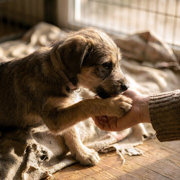 Small rescue puppy placing paw on human hand for comfort and trust.