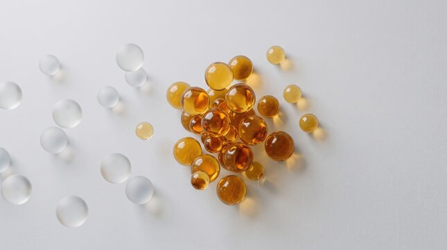 A collection of golden amber and transparent glass spheres scattered on a clean white studio background surface