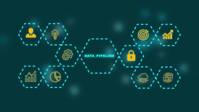 Data pipeline concept with big data transfer and corporate business technology infrastructure icons in futuristic hexagon HUD interface, 4k motion graphics