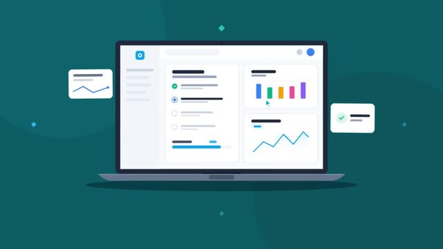 Laptop displaying business dashboard with charts and data visualization.