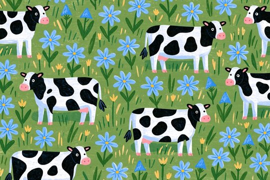 Cute Cartoon Cows in a Field of Blue Flowers