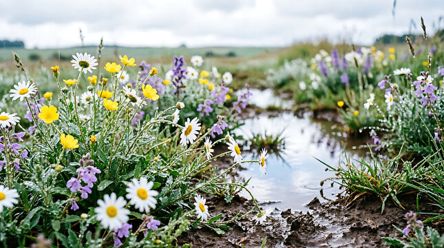 Field of Colorful Wildflowers and White Daisies Blooming in a Peaceful Spring Meadow Under a Bright Blue Sky, Natural Summer Landscape with Grass and Beautiful BlossomsField of Colorful Wildflowers an