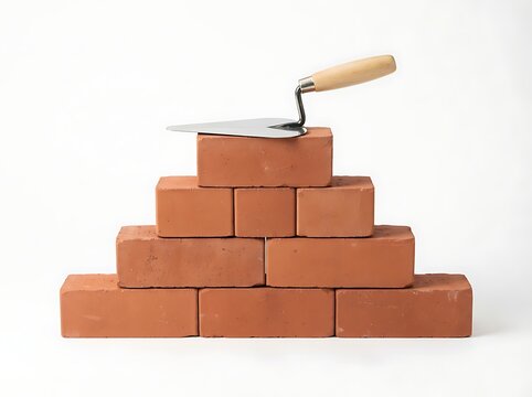 Metal trowel resting on a stack of red clay bricks for construction and masonry work