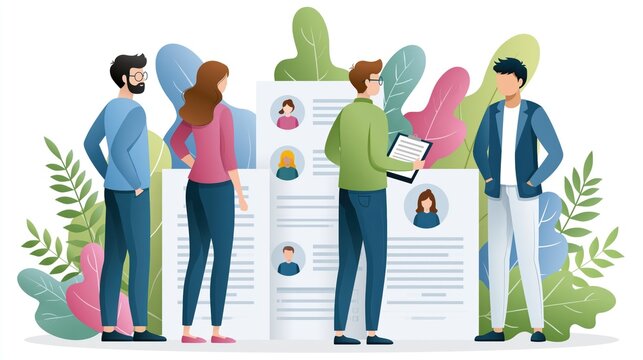 Diverse team reviewing candidate profiles with a large resume board and decorative foliage in a modern office setting