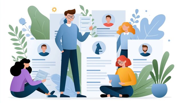 Diverse team reviewing resumes during a recruitment process with leafy plants and profile cards in a flat design style