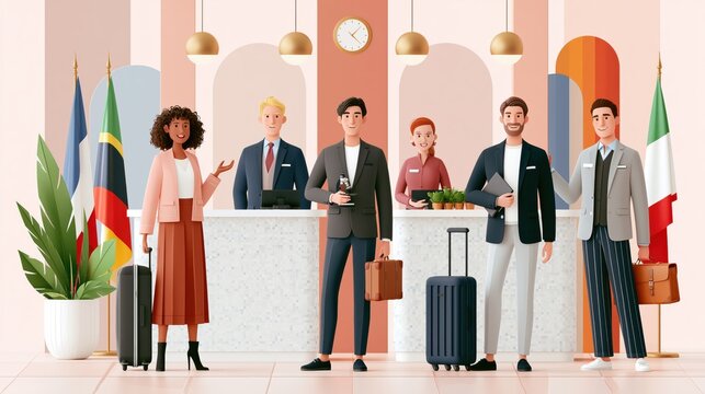 Diverse travelers and hotel staff at a modern reception desk with international flags and warm lighting