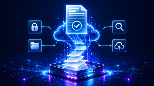 Glowing digital cloud computing symbol absorbing physical paper documents representing data migration secure server backup and online storage system