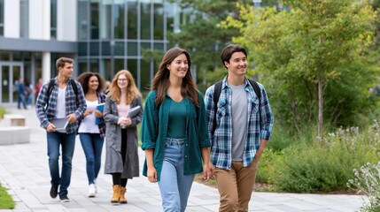 Fototapeta premium Diverse group of young adults walking outdoors during daytime with modern building background and lush greenery